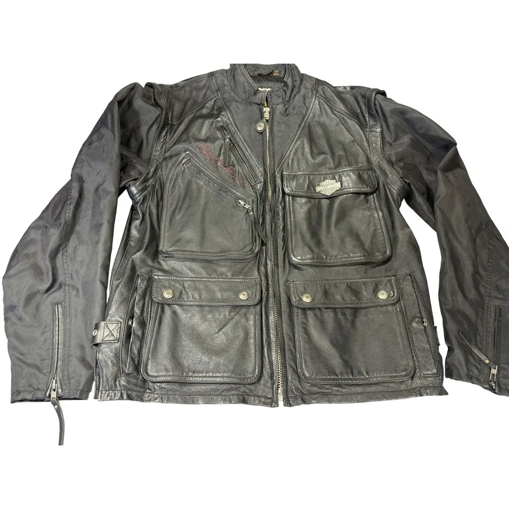 Harley Davidson Mens Biker Leather Convertible Jacket Vest L Black Moto Outdoor